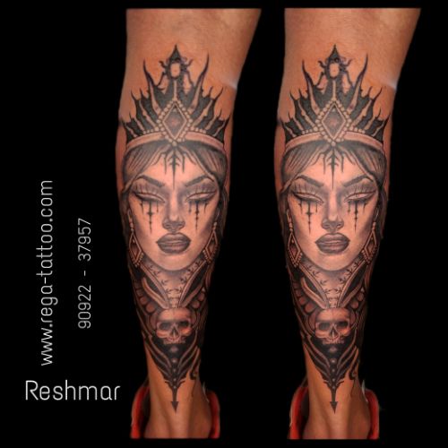 "A girl's skull tattoo is a striking and bold symbol of fearlessness and individuality, expressing her appreciation for the darker side of life. "tattoo shops near me Chennai , Padi